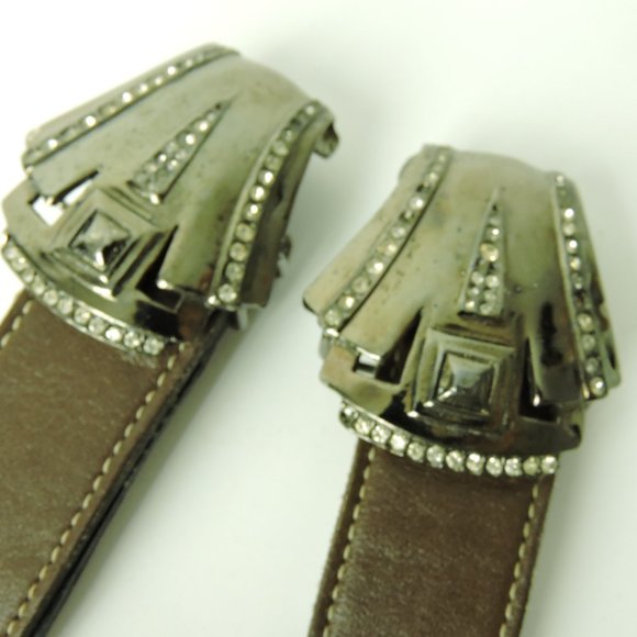 Hattie Carnegie jeweled buckle brown Belt genuine leather women's M / L vintage - Picture 7 of 9